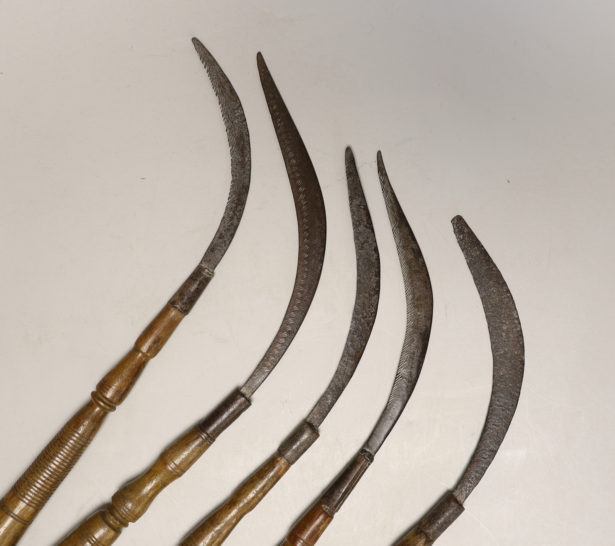 Five 19th century steel turnip hooks with turned wood handles, longest 38cm long
